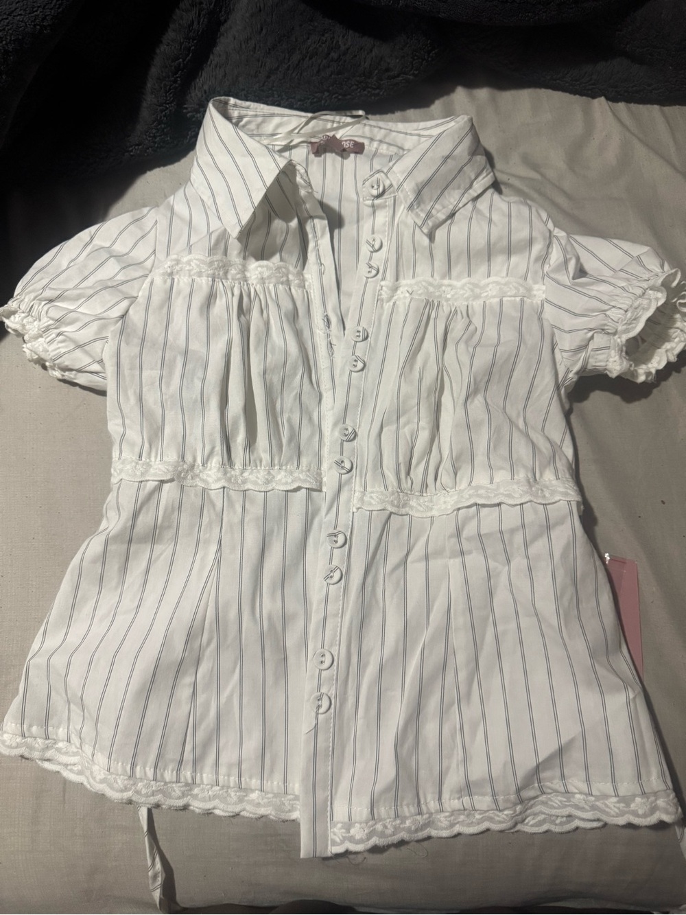 Women's White Pinstripe Lace-Trim Button Front Blouse